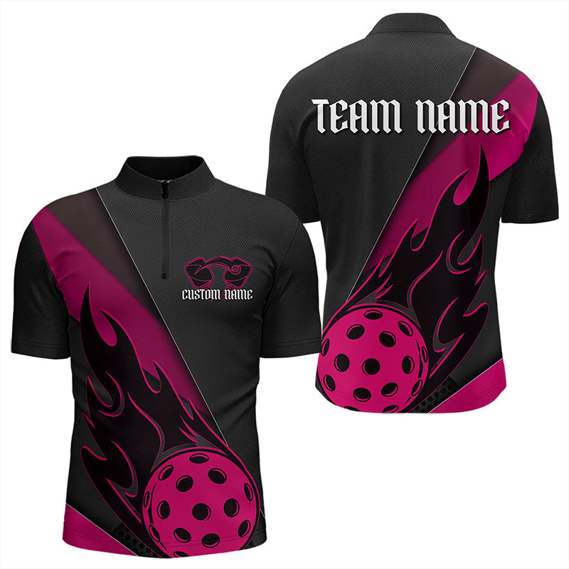 Black And Pink Custom Flame Pickleball Quarter-Zip Shirts For Men, Unisex Pickleball Team Shirts IPHW7760