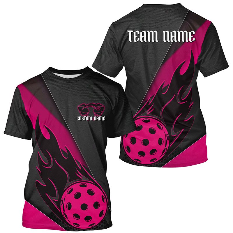 Black And Pink Custom Flame Pickleball T-Shirts For Men, Unisex Pickleball Outfits Pickleball Team Shirts IPHW7760
