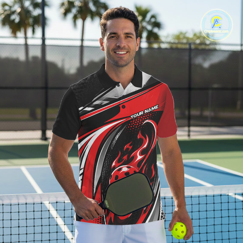 Custom Black And Red Flame Pickleball Men Polo Shirt, Pickleball League Jersey IPHW12754