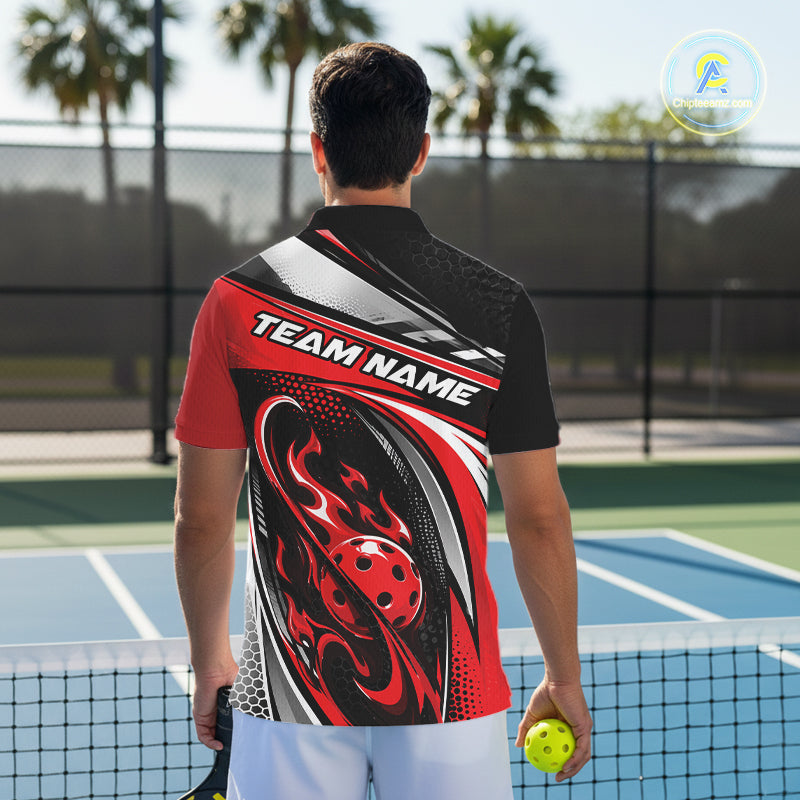 Custom Black And Red Flame Pickleball Men Polo Shirt, Pickleball League Jersey IPHW12754