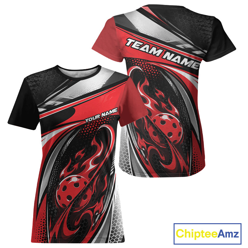 Custom Black And Red Flame Pickleball Women T-Shirts, Pickleball League Jersey IPHW12754