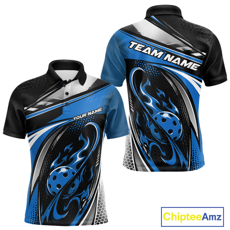 Custom Black And Blue Flame Pickleball Men Polo Shirt, Pickleball League Jersey IPHW12755