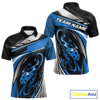 Custom Black And Blue Flame Pickleball Men Polo Shirt, Pickleball League Jersey IPHW12755