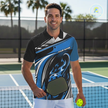 Custom Black And Blue Flame Pickleball Men Polo Shirt, Pickleball League Jersey IPHW12755