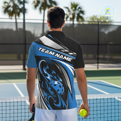 Custom Black And Blue Flame Pickleball Men Polo Shirt, Pickleball League Jersey IPHW12755