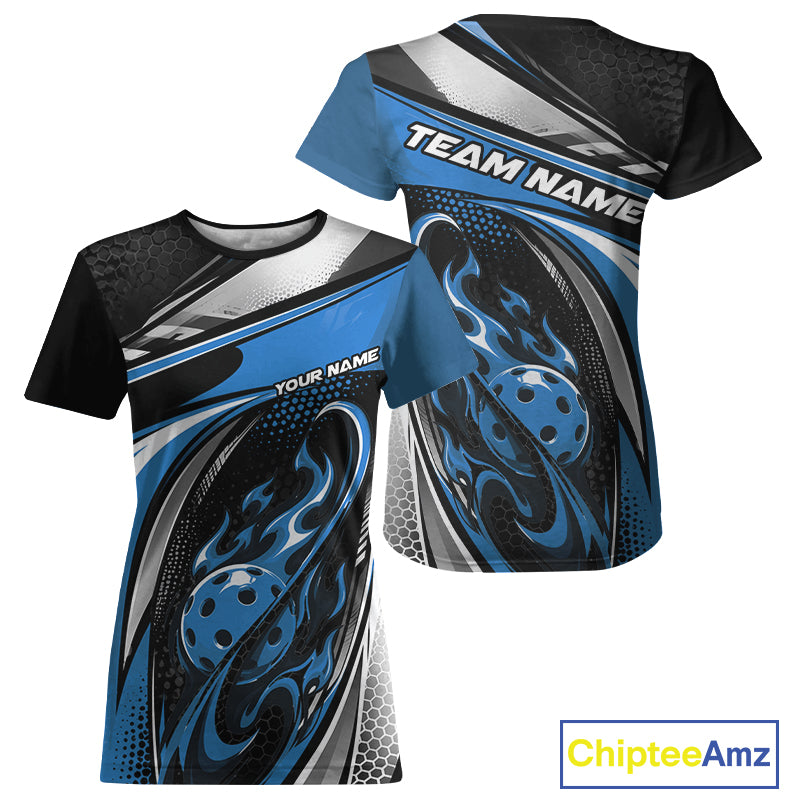 Custom Black And Blue Flame Pickleball Women T-Shirts, Pickleball League Jersey IPHW12755