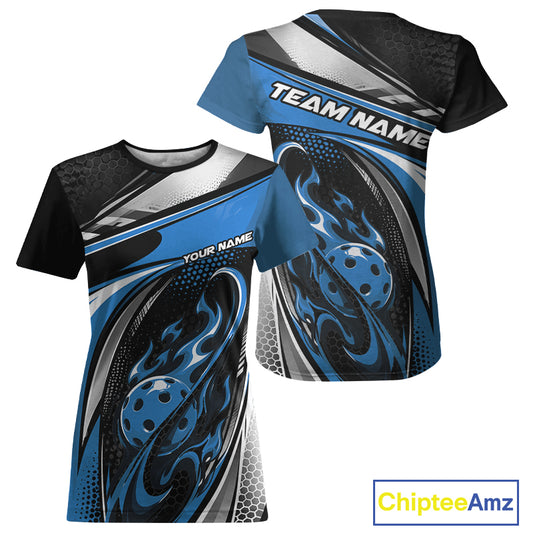 Custom Black And Blue Flame Pickleball Women T-Shirts, Pickleball League Jersey IPHW12755