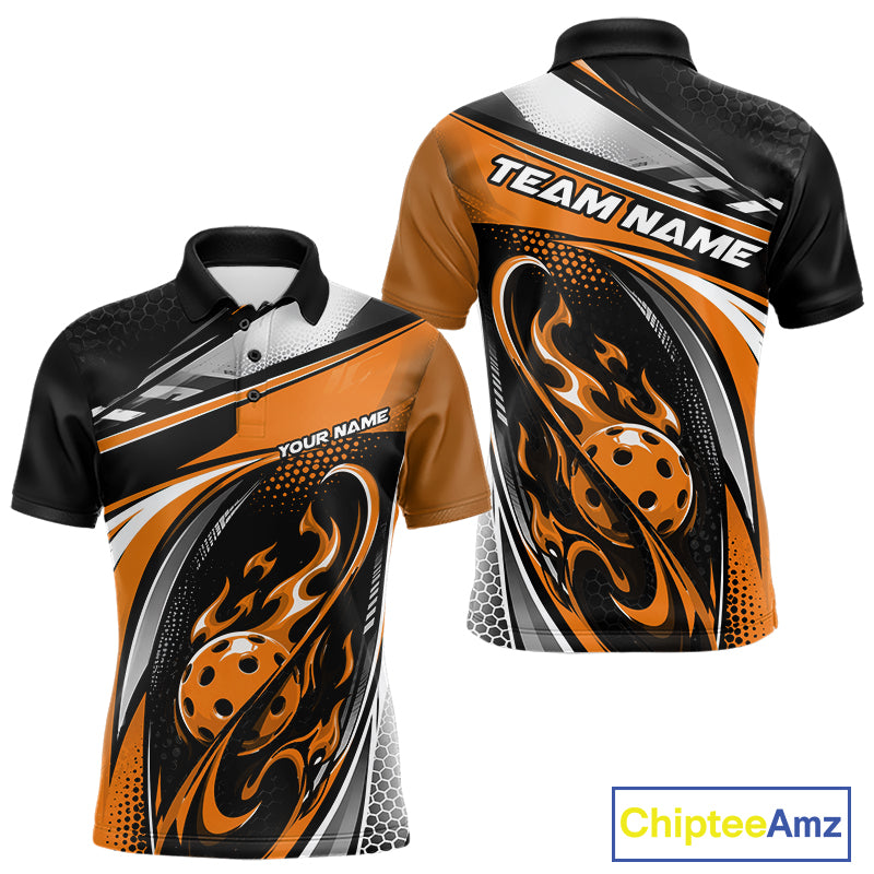 Custom Black And Orange Flame Pickleball Men Polo Shirt, Pickleball League Jersey IPHW12756