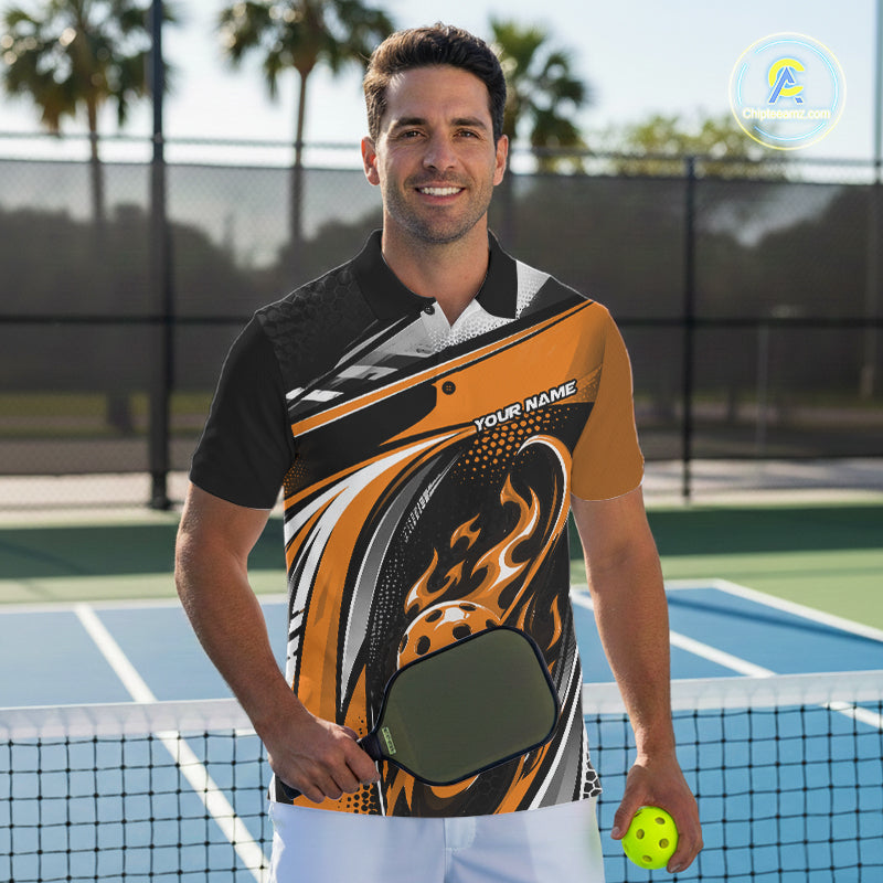 Custom Black And Orange Flame Pickleball Men Polo Shirt, Pickleball League Jersey IPHW12756