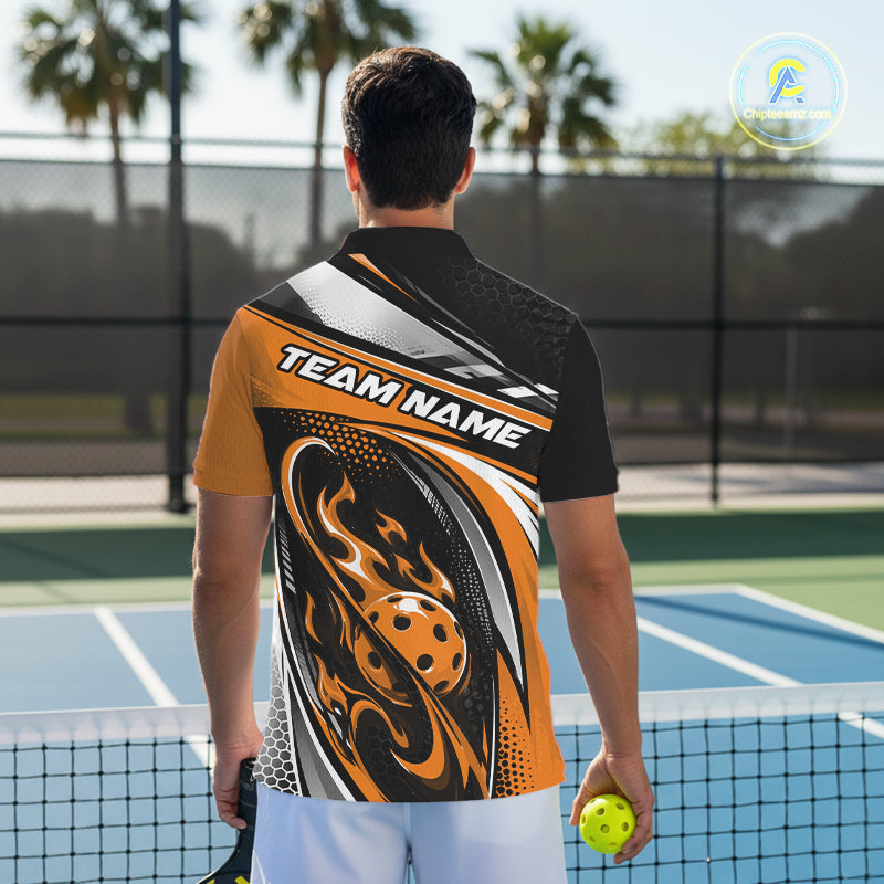 Custom Black And Orange Flame Pickleball Men Polo Shirt, Pickleball League Jersey IPHW12756