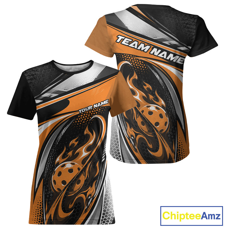 Custom Black And Orange Flame Pickleball Women T-Shirts, Pickleball League Jersey IPHW12756