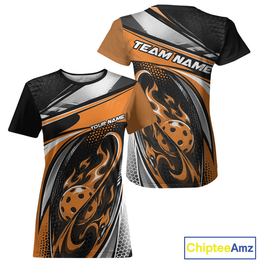Custom Black And Orange Flame Pickleball Women T-Shirts, Pickleball League Jersey IPHW12756