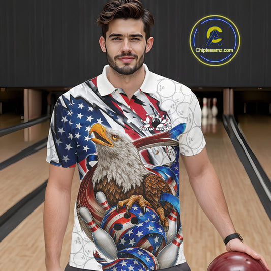Custom Patriotic US Flag Eagle Bowling Men Shirt, USA Bowling Team League Shirt IPHW10163