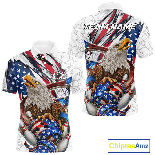 Custom Patriotic US Flag Eagle Bowling Men Shirt, USA Bowling Team League Shirt IPHW10163