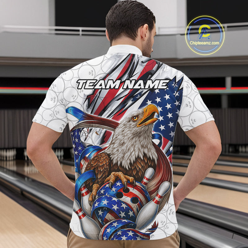 Custom Patriotic US Flag Eagle Bowling Men Shirt, USA Bowling Team League Shirt IPHW10163
