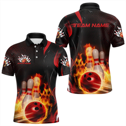 Custom Black And Red Flame Striking Bowling Jerseys, Fire Bowling Polo Shirts For Men IPHW8242