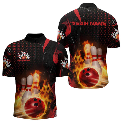 Custom Black And Red Flame Striking Bowling Jerseys, Fire Bowling Quarter-Zip Shirts For Men IPHW8242