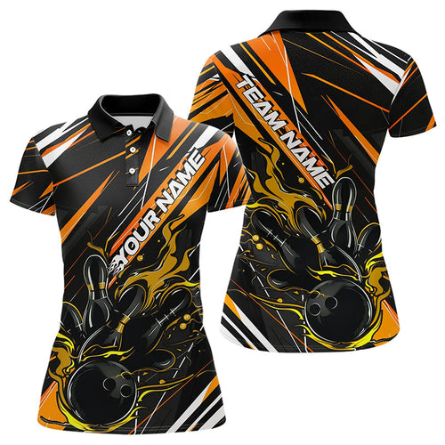 Black And Gold Custom Flame Bowling Polo Shirts For Women, Fire Bowling Tournament Jerseys IPHW8246