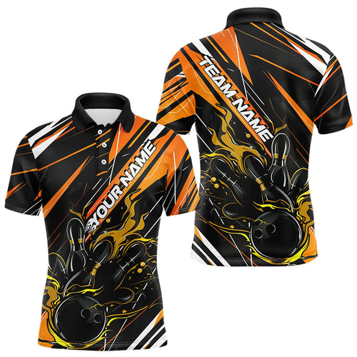 Black And Gold Custom Flame Bowling Polo Shirts For Men, Fire Bowling Tournament Jerseys IPHW8246