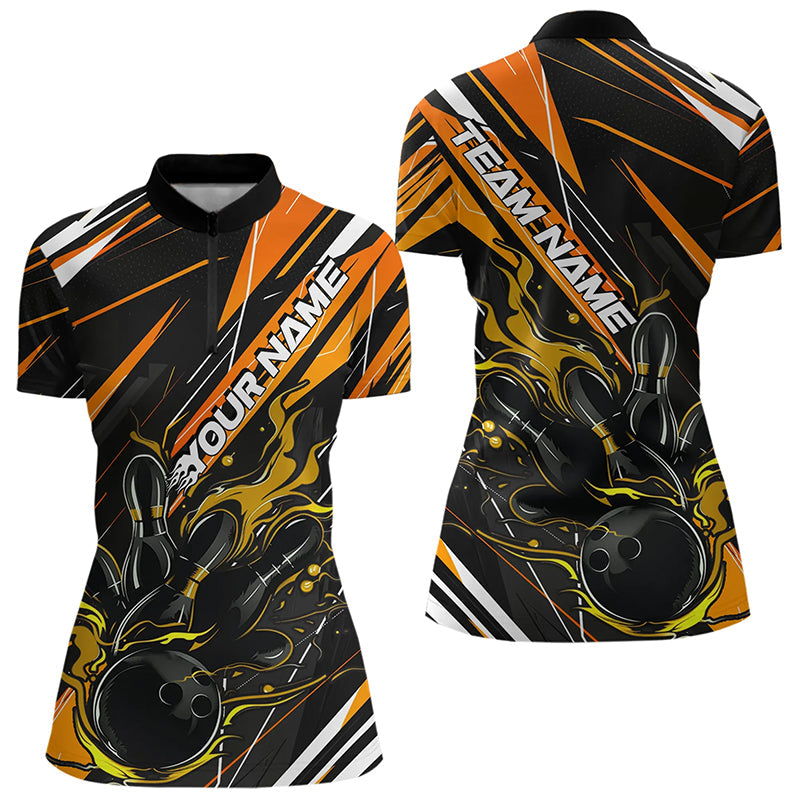 Black And Gold Custom Flame Bowling Quarter-Zip Shirts For Women, Fire Bowling Jerseys IPHW8246