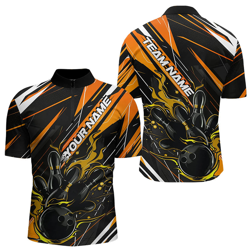 Black And Gold Custom Flame Bowling Quarter-Zip Shirts For Men, Fire Bowling Tournament Jerseys IPHW8246