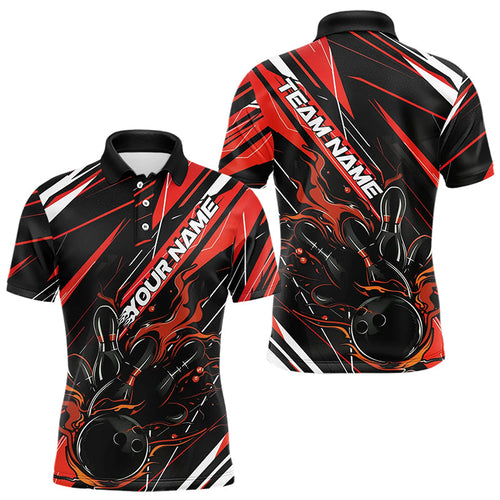 Black And Red Custom Flame Bowling Polo Shirts For Men, Fire Bowling Tournament Jerseys IPHW8247