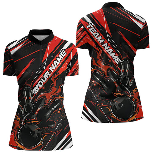 Black And Red Custom Flame Bowling Quarter-Zip Shirts For Women, Fire Bowling Jerseys IPHW8247