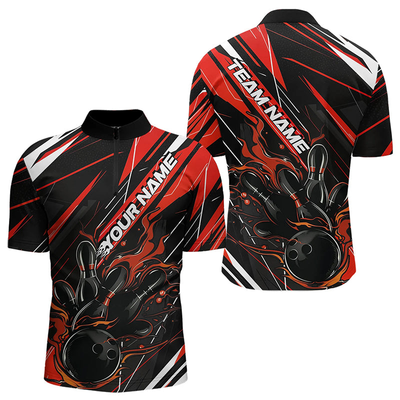 Black And Red Custom Flame Bowling Quarter-Zip Shirts For Men, Fire Bowling Tournament Jerseys IPHW8247