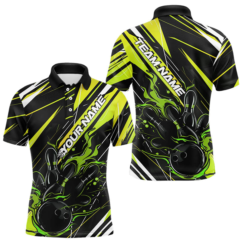 Black And Green Custom Flame Bowling Polo Shirts For Men, Fire Bowling Tournament Jerseys IPHW8248