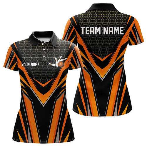 Custom Black And Orange Bowling Jerseys For Women, Bowling Team Uniform Polo Shirts IPHW8249
