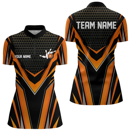 Custom Black And Orange Bowling Jerseys For Women, Bowling Team Uniform Quarter-Zip Shirts IPHW8249