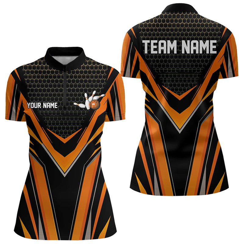 Custom Black And Orange Bowling Jerseys For Women, Bowling Team Uniform Quarter-Zip Shirts IPHW8249