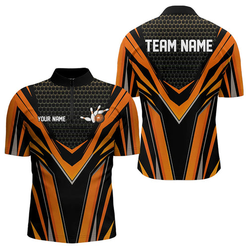 Custom Black And Orange Bowling Jerseys For Men, Bowling Team Uniform Quarter-Zip Shirts IPHW8249