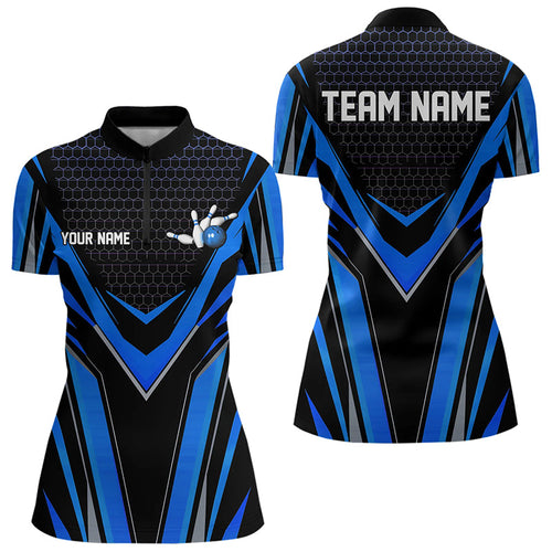 Custom Black And Blue Bowling Jerseys For Women, Bowling Team Uniform Quarter-Zip Shirts IPHW8250