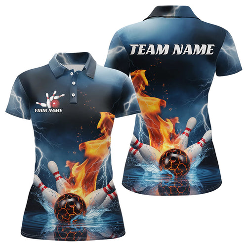 Blue Thunder Lightning Water And Fire Custom Bowling League Polo Shirts For Women IPHW8251