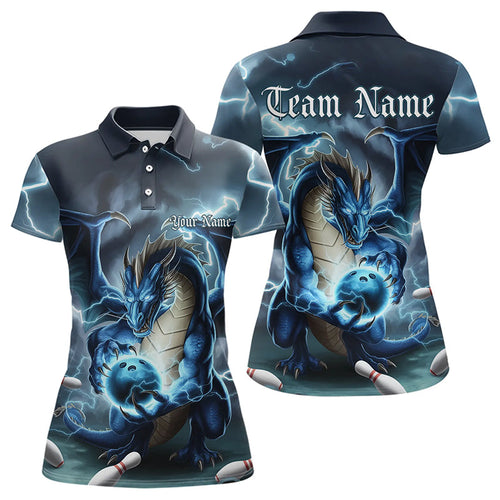 Blue Thunder Lightning Custom Dragon Bowling Polo Shirts For Women, Bowling Team Uniform IPHW8253