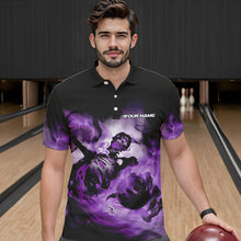 Load image into Gallery viewer, Custom Black And Purple Flame Skeleton Bowling Polo Shirts For Men, Skull Bowling Team Shirt IPHW8464