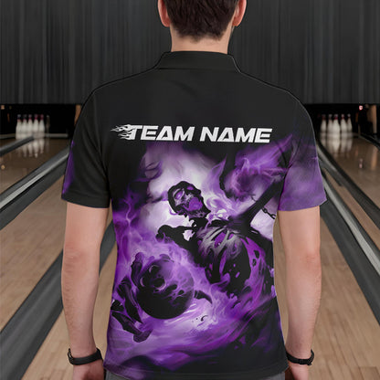 Custom Black And Purple Flame Skeleton Bowling Polo Shirts For Men, Skull Bowling Team Shirt IPHW8464