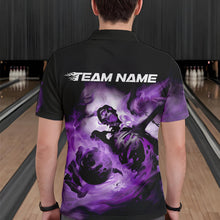 Load image into Gallery viewer, Custom Black And Purple Flame Skeleton Bowling Polo Shirts For Men, Skull Bowling Team Shirt IPHW8464