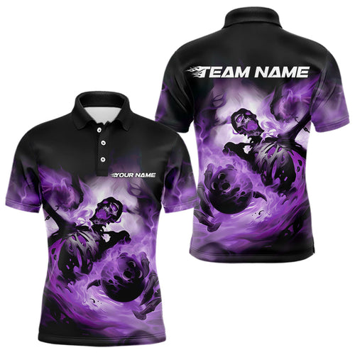 Custom Black And Purple Flame Skeleton Bowling Polo Shirts For Men, Skull Bowling Team Shirt IPHW8464