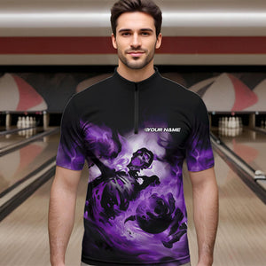 Custom Black And Purple Flame Skeleton Bowling Quarter-Zip Shirts For Men, Skull Bowling Team Shirt IPHW8464