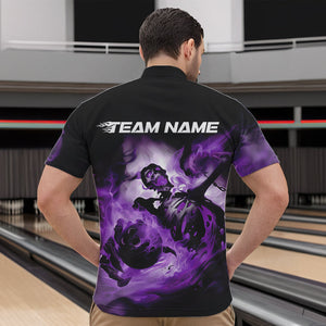 Custom Black And Purple Flame Skeleton Bowling Quarter-Zip Shirts For Men, Skull Bowling Team Shirt IPHW8464