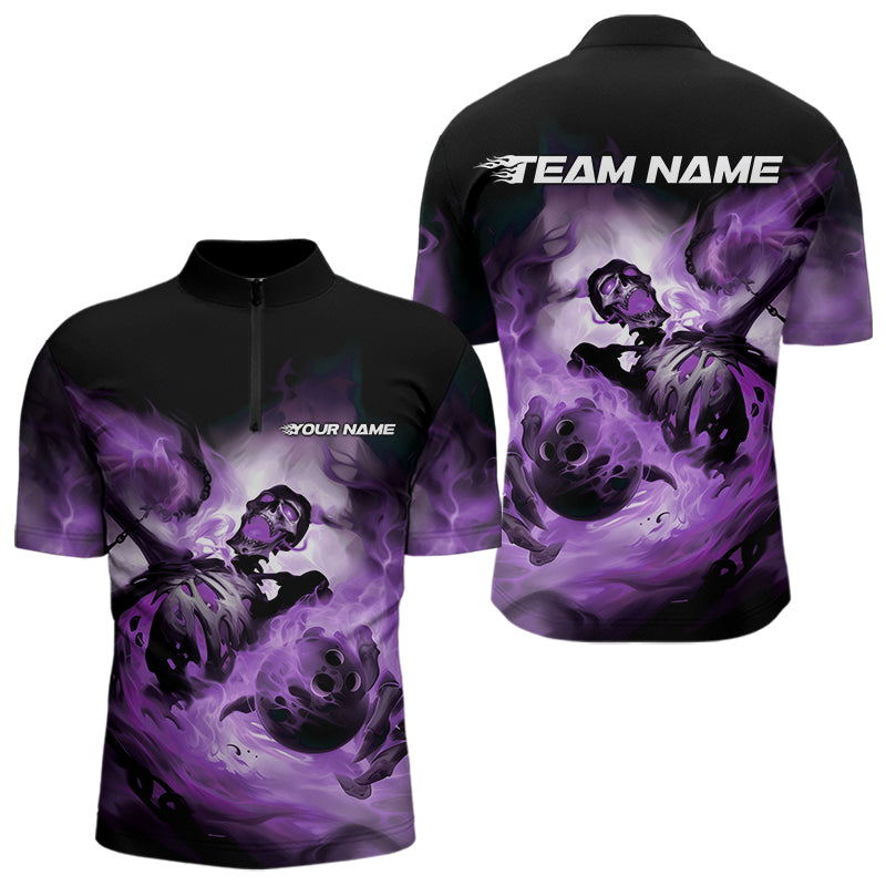 Custom Black And Purple Flame Skeleton Bowling Quarter-Zip Shirts For Men, Skull Bowling Team Shirt IPHW8464