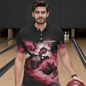 Custom Black And Red Flame Skeleton Bowling Polo Shirts For Men, Skull Bowling Team Shirt IPHW8465