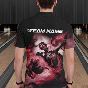 Custom Black And Red Flame Skeleton Bowling Polo Shirts For Men, Skull Bowling Team Shirt IPHW8465