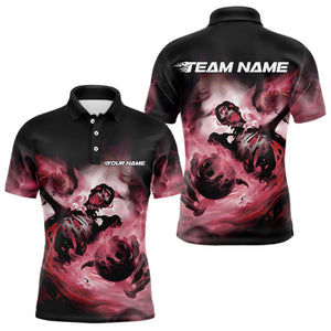 Custom Black And Red Flame Skeleton Bowling Polo Shirts For Men, Skull Bowling Team Shirt IPHW8465