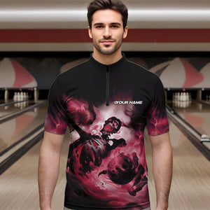 Custom Black And Red Flame Skeleton Bowling Quarter-Zip Shirts For Men, Skull Bowling Team Shirt IPHW8465