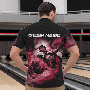 Custom Black And Red Flame Skeleton Bowling Quarter-Zip Shirts For Men, Skull Bowling Team Shirt IPHW8465