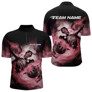 Custom Black And Red Flame Skeleton Bowling Quarter-Zip Shirts For Men, Skull Bowling Team Shirt IPHW8465