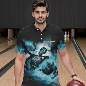 Custom Black And Blue Flame Skeleton Bowling Polo Shirts For Men, Skull Bowling Team Shirt IPHW8466